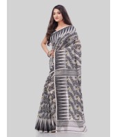 DESH BIDESH Women`s Tamarind Leaf Resham Dhakai Jamdani Bengal Pure Cotton Handloom Saree Whole Body Design without Blouse Piece(Black White)