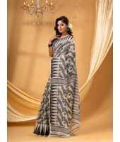  Traditional Tamarind Leaf Resham Dhakai Jamdani Pure Cotton Handloom Saree without Blouse Piece (White Black)