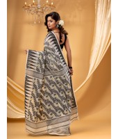  Traditional Tamarind Leaf Resham Dhakai Jamdani Pure Cotton Handloom Saree without Blouse Piece (White Black)