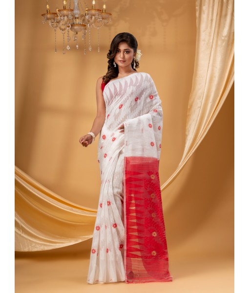  Traditional Tamarind Leaf Resham Dhakai Jamdani Pure Cotton Handloom Saree without Blouse Piece (White Red)