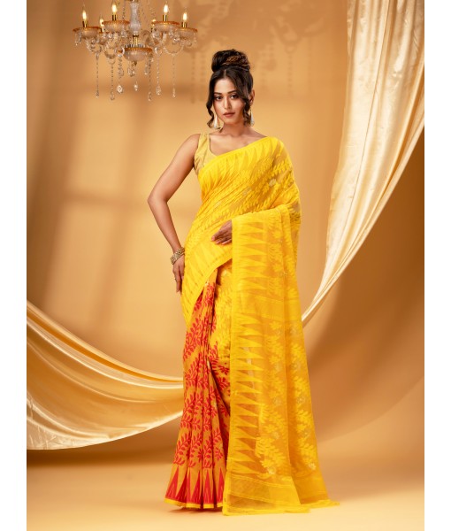 Traditional Tamarind Leaf Resham Dhakai Jamdani Pure Cotton Handloom Saree without Blouse Piece(Yellow Red)