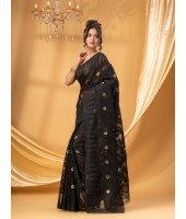 Traditional Tamarind Leaf Resham Dhakai Jamdani Pure Cotton Handloom Saree without Blouse Piece (Black)