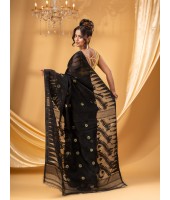 Traditional Tamarind Leaf Resham Dhakai Jamdani Pure Cotton Handloom Saree without Blouse Piece (Black)