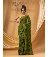 Traditional Tamarind Leaf Resham Dhakai Jamdani Pure Cotton Handloom Saree without Blouse Piece (Dark Green)