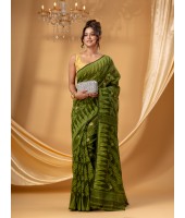 Traditional Tamarind Leaf Resham Dhakai Jamdani Pure Cotton Handloom Saree without Blouse Piece (Dark Green)