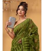 Traditional Tamarind Leaf Resham Dhakai Jamdani Pure Cotton Handloom Saree without Blouse Piece (Dark Green)