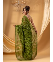 Traditional Tamarind Leaf Resham Dhakai Jamdani Pure Cotton Handloom Saree without Blouse Piece (Dark Green)