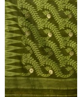 Traditional Tamarind Leaf Resham Dhakai Jamdani Pure Cotton Handloom Saree without Blouse Piece (Dark Green)