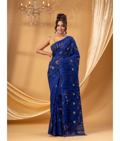 mTraditional Tamarind Leaf Resham Dhakai Jamdani Pure Cotton Handloom Saree without Blouse Piece (deep Blue)