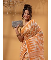 Tamarind Leaf Resham Dhakai Jamdani Pure Cotton Handloom Saree without Blouse Piece(Off Orange)