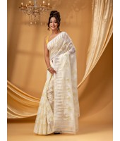 Traditional Tamarind Leaf Resham Dhakai Jamdani Pure Cotton Handloom Saree without Blouse Piece( Off White)