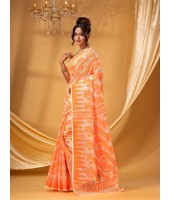 Traditional Tamarind Leaf Resham Dhakai Jamdani Pure Cotton Handloom Saree without Blouse Piece (Orange)