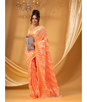 Traditional Tamarind Leaf Resham Dhakai Jamdani Pure Cotton Handloom Saree without Blouse Piece (Orange)