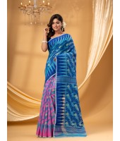 Tamarind Leaf Resham Dhakai Jamdani Pure Cotton Handloom Saree Whole Body Design without Blouse Piece(Pink Blue)