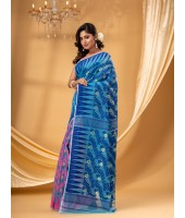 Tamarind Leaf Resham Dhakai Jamdani Pure Cotton Handloom Saree Whole Body Design without Blouse Piece(Pink Blue)