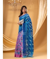 Tamarind Leaf Resham Dhakai Jamdani Pure Cotton Handloom Saree Whole Body Design without Blouse Piece(Pink Blue)