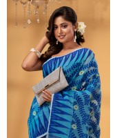 Tamarind Leaf Resham Dhakai Jamdani Pure Cotton Handloom Saree Whole Body Design without Blouse Piece(Pink Blue)