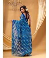 Tamarind Leaf Resham Dhakai Jamdani Pure Cotton Handloom Saree Whole Body Design without Blouse Piece(Pink Blue)