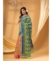  Tamarind Leaf Resham Dhakai Jamdani Pure Cotton Handloom Saree Whole Body Design without Blouse Piece(Pink Blue yellow)