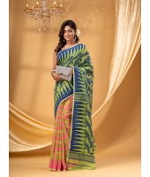  Tamarind Leaf Resham Dhakai Jamdani Pure Cotton Handloom Saree Whole Body Design without Blouse Piece(Pink Blue yellow)