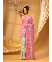 Tamarind Leaf Resham Dhakai Jamdani Pure Cotton Handloom Saree Whole Body Design without Blouse Piece (Pink Off Wite)