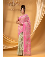 Tamarind Leaf Resham Dhakai Jamdani Pure Cotton Handloom Saree Whole Body Design without Blouse Piece (Pink Off Wite)