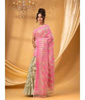 Tamarind Leaf Resham Dhakai Jamdani Pure Cotton Handloom Saree Whole Body Design without Blouse Piece (Pink Off Wite)