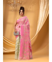 Tamarind Leaf Resham Dhakai Jamdani Pure Cotton Handloom Saree Whole Body Design without Blouse Piece (Pink Off Wite)