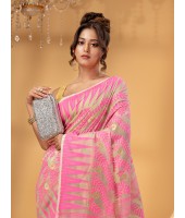 Tamarind Leaf Resham Dhakai Jamdani Pure Cotton Handloom Saree Whole Body Design without Blouse Piece (Pink Off Wite)