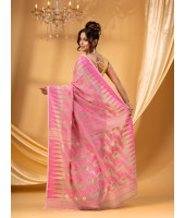 Tamarind Leaf Resham Dhakai Jamdani Pure Cotton Handloom Saree Whole Body Design without Blouse Piece (Pink Off Wite)