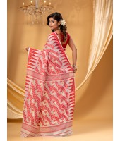 Traditional Tamarind Leaf Resham Dhakai Jamdani Pure Cotton Handloom Saree without Blouse Piece (Red White)