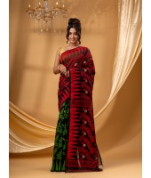 Tamarind Leaf Resham Dhakai Jamdani Bengal Pure Cotton Handloom Saree Whole Body Design without Blouse Piece(Red Green)