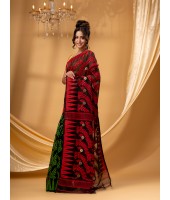 Tamarind Leaf Resham Dhakai Jamdani Bengal Pure Cotton Handloom Saree Whole Body Design without Blouse Piece(Red Green)