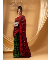 Tamarind Leaf Resham Dhakai Jamdani Bengal Pure Cotton Handloom Saree Whole Body Design without Blouse Piece(Red Green)