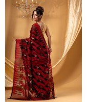 Tamarind Leaf Resham Dhakai Jamdani Bengal Pure Cotton Handloom Saree Whole Body Design without Blouse Piece(Red Green)