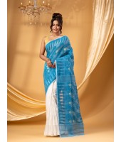 Tamarind Leaf Resham Dhakai Jamdani Pure Cotton Handloom Saree Design without Blouse Piece (White Blue)