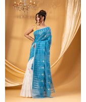 Tamarind Leaf Resham Dhakai Jamdani Pure Cotton Handloom Saree Design without Blouse Piece (White Blue)