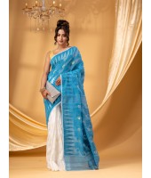 Tamarind Leaf Resham Dhakai Jamdani Pure Cotton Handloom Saree Design without Blouse Piece (White Blue)