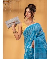 Tamarind Leaf Resham Dhakai Jamdani Pure Cotton Handloom Saree Design without Blouse Piece (White Blue)