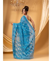 Tamarind Leaf Resham Dhakai Jamdani Pure Cotton Handloom Saree Design without Blouse Piece (White Blue)