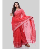 DESH BIDESH Women`s Tant Cotton Silk Handloom Cotton Saree Flowting Leaves Work With Blouse Piece(Red)