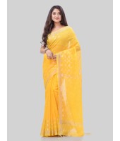 DESH BIDESH Women`s Tant Cotton Silk Handloom Cotton Saree Flowting Leaves Work With Blouse Piece(Yellow)