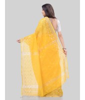 DESH BIDESH Women`s Tant Cotton Silk Handloom Cotton Saree Flowting Leaves Work With Blouse Piece(Yellow)