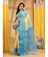 Bengal Tant Jamdani Printed Handloom Cotton Saree Without Blouse Piece (Blue)