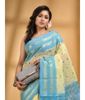 Bengal Tant Jamdani Printed Handloom Cotton Saree Without Blouse Piece (Blue)