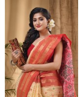  Bengal Tant Jamdani Printed Handloom Cotton Saree Without Blouse Piece (Red)