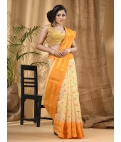  Bengal Tant Jamdani Printed Handloom Cotton Saree Without Blouse Piece (Yellow)