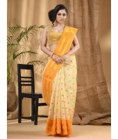  Bengal Tant Jamdani Printed Handloom Cotton Saree Without Blouse Piece (Yellow)