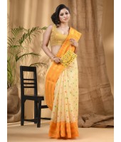  Bengal Tant Jamdani Printed Handloom Cotton Saree Without Blouse Piece (Yellow)