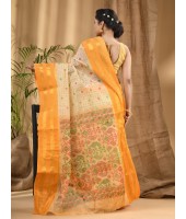  Bengal Tant Jamdani Printed Handloom Cotton Saree Without Blouse Piece (Yellow)